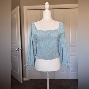 Light Blue Smocked Blouse with Square Neckline and Tie Sleeves size 12 / Large